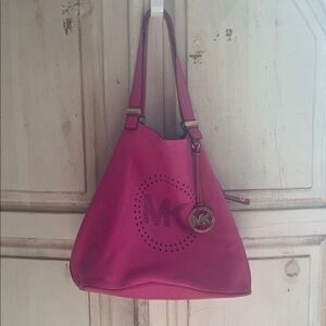 Michael Kors Hot Pink Leather Hobo with Perforated MK Circle